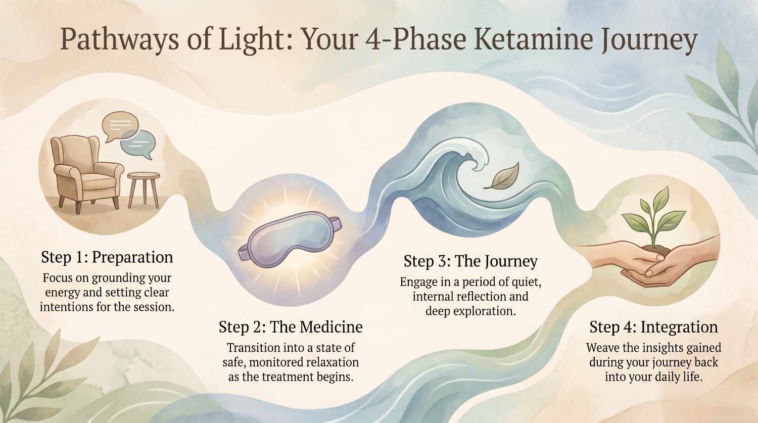 Roadmap showing the 4 phases of Ketamine Assisted Psychotherapy: Preparation, The Medicine, The Journey, and Integration.